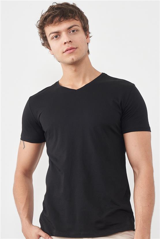 Çetinkaya Mentality 2772V V Yaka Basic Siyah T-Shirt