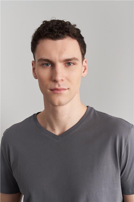 Çetinkaya Mentality 2772V V Yaka Basic Koyu Gri T-Shirt