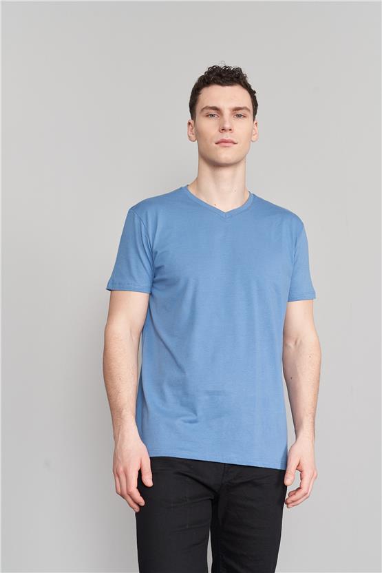 Çetinkaya Mentality 2772V V Yaka Basic T-Shirt Açık İndigo