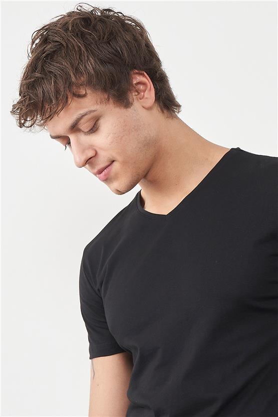 Çetinkaya Mentality 2772V V Yaka Basic Siyah T-Shirt