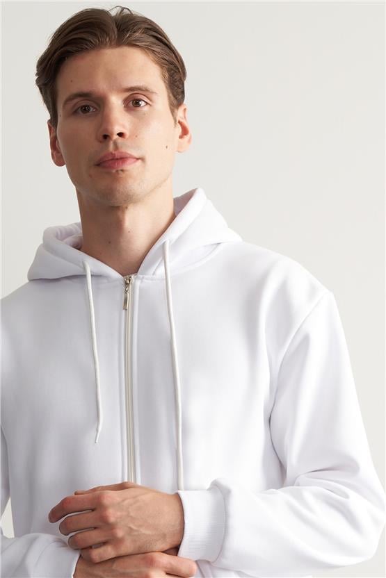 Çetinkaya Mentality 3034 3 İp Kapşonlu Fermuarlı Beyaz Sweatshirt