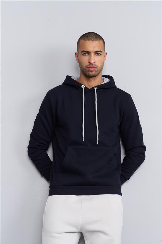 Çetinkaya Mentality 3035 Rahat Kalıp Erkek Lacivert Kapüşonlu Sweatshirt