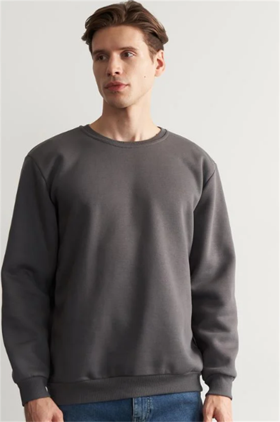 Çetinkaya Mentality 3036 3 İp Bisiklet Yaka Düz Koyu Gri Sweatshirt