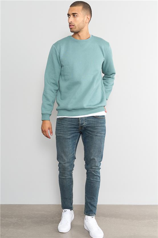 Çetinkaya Mentality 3036 3 İp Bisiklet Yaka Mavi-Yeşil Sweatshirt