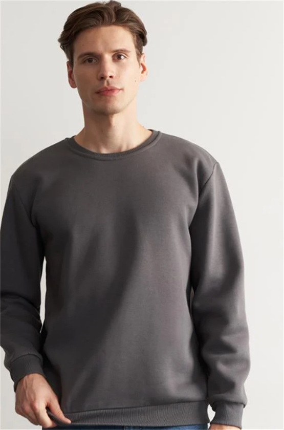 Çetinkaya Mentality 3036 3 İp Bisiklet Yaka Düz Koyu Gri Sweatshirt