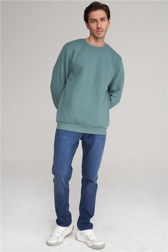 Çetinkaya Mentality 3036 3 İp Bisiklet Yaka MaviYeşil Sweatshirt
