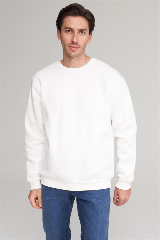 Çetinkaya Mentality 3036 3 İp Bisiklet Yaka Ekru Sweatshirt