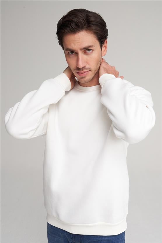 Çetinkaya Mentality 3036 3 İp Bisiklet Yaka Krem Sweatshirt