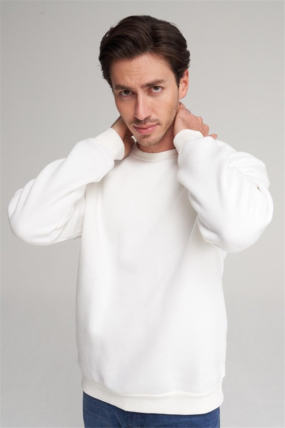 Çetinkaya Mentality 3036 3 İp Bisiklet Yaka Ekru Sweatshirt