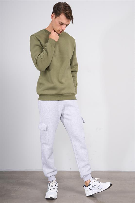 Çetinkaya Mentality 3036 3 İp Bisiklet Yaka Haki Sweatshirt