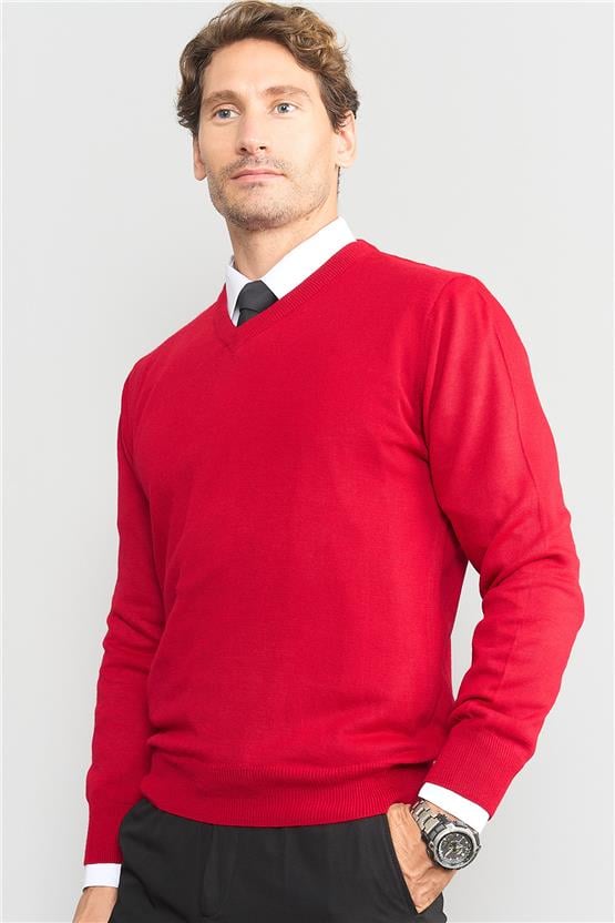 Çetinkaya Mentality 3176 Erkek V Yaka Kırmızı Triko