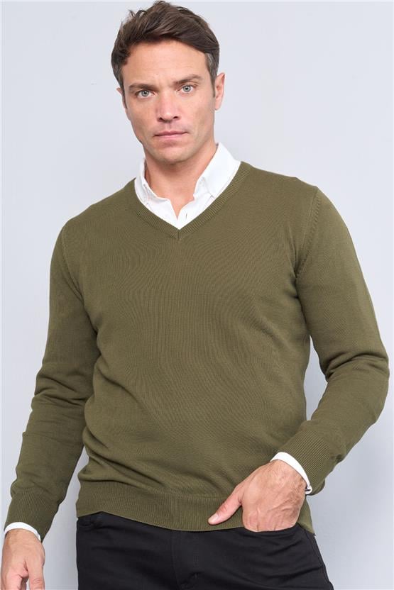 Çetinkaya Mentality 3176 V Yaka Haki Triko Kazak