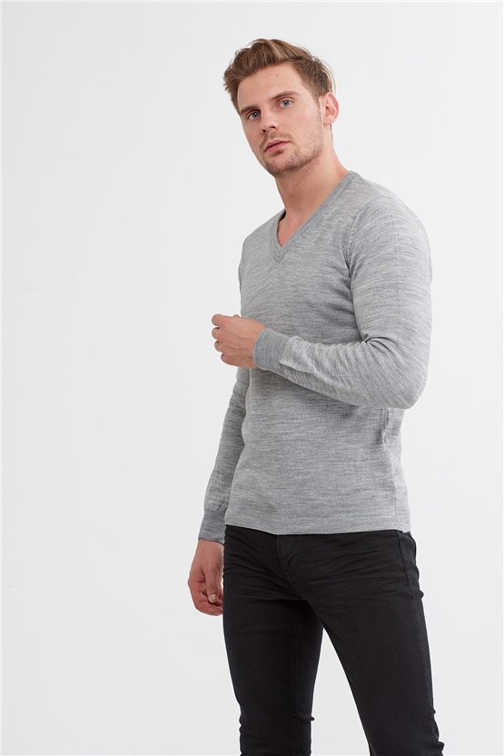 Çetinkaya Mentality 3176 V Yaka Orta Gri Triko