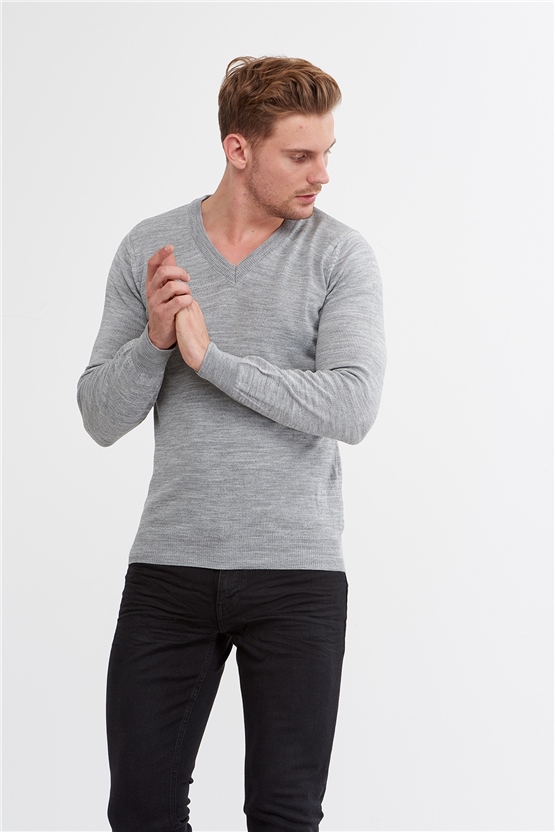 Çetinkaya Mentality 3176 V Yaka Orta Gri Triko