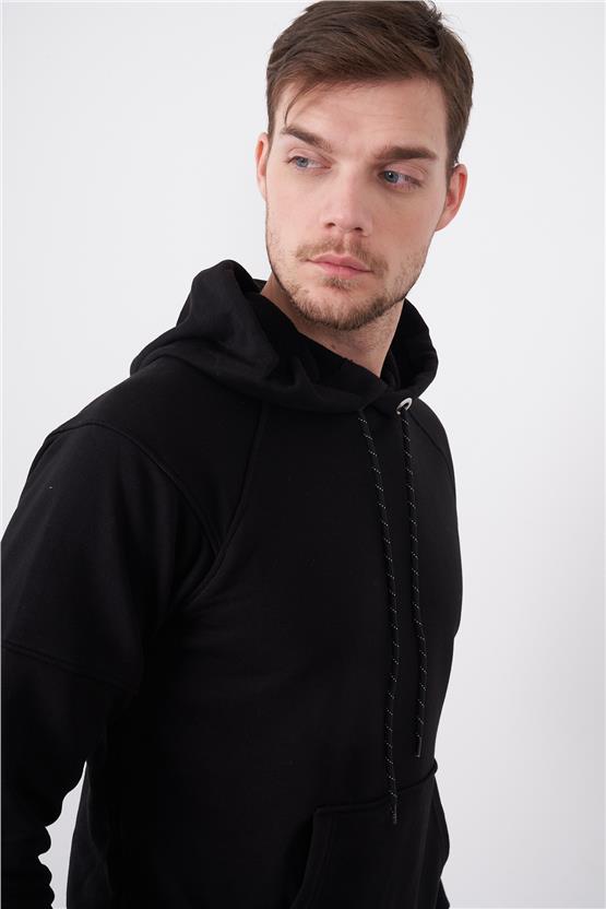 Çetinkaya Mentality 3229 3 İplik Şardonsuz Kapüşonlu Siyah Sweatshirt