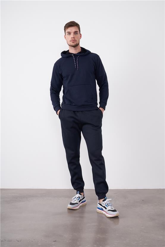 Çetinkaya Mentality 3229 3 İplik Şardonsuz Kapüşonlu Lacivert Sweatshirt