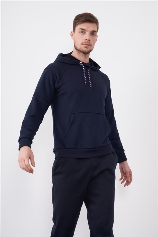 Çetinkaya Mentality 3229 3 İplik Şardonsuz Kapüşonlu Lacivert Sweatshirt