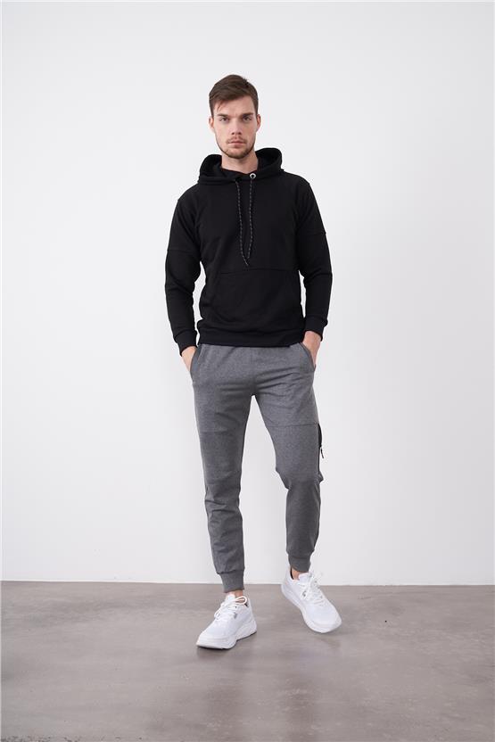 Çetinkaya Mentality 3229 3 İplik Şardonsuz Kapüşonlu Siyah Sweatshirt