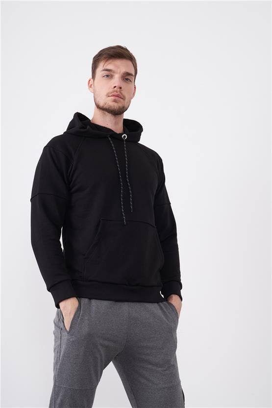 Çetinkaya Mentality 3229 3 İplik Şardonsuz Kapüşonlu Siyah Sweatshirt