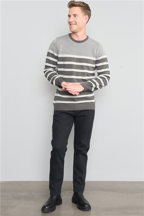 Çetinkaya Mentality 3229 Erkek Bisiklet Yaka Çizgili Triko Düz Koyu Gri