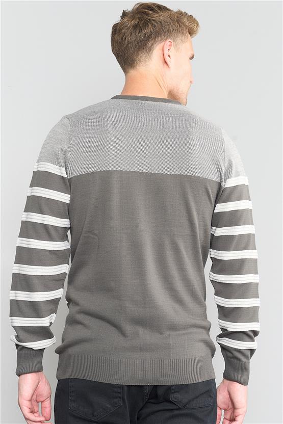 Çetinkaya Mentality 3229 Erkek Bisiklet Yaka Çizgili Triko Düz Koyu Gri