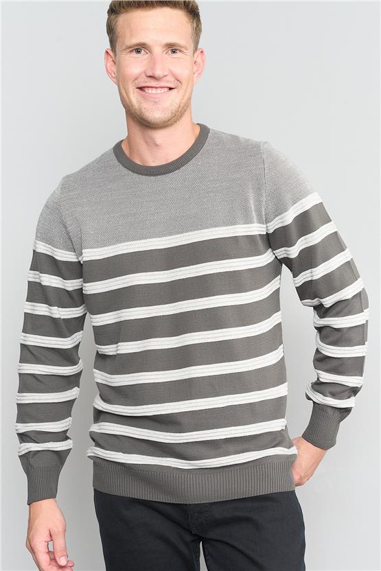 Çetinkaya Mentality 3229 Erkek Bisiklet Yaka Çizgili Triko Düz Koyu Gri