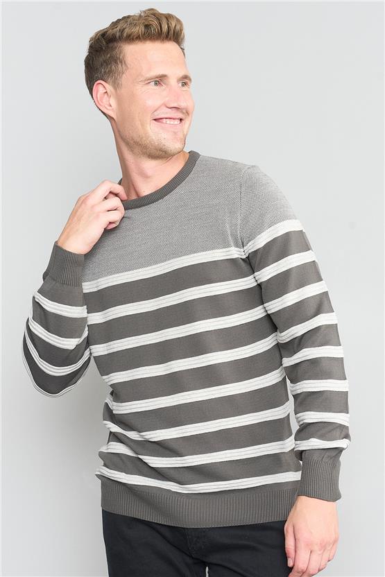 Çetinkaya Mentality 3229 Erkek Bisiklet Yaka Çizgili Triko Düz Koyu Gri