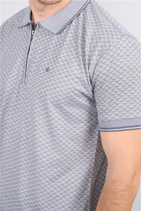 Çetinkaya Mentality 3366 Erkek Fermuarlı Polo Yaka Jakarlı T-Shirt Gri- Beyaz