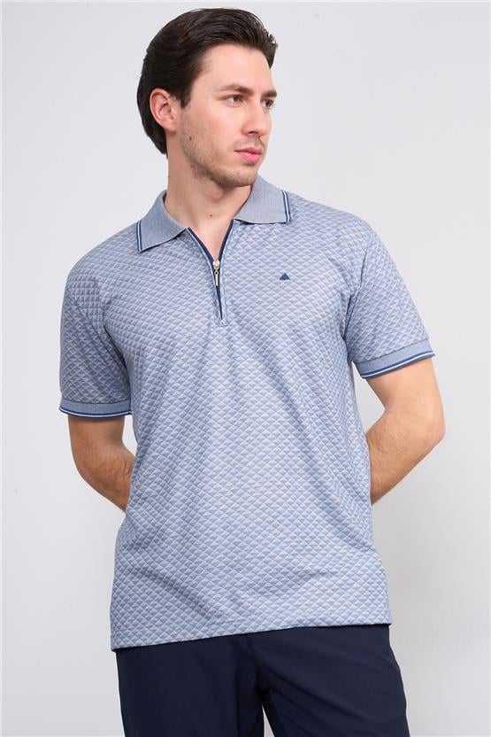 Çetinkaya Mentality 3366 Erkek Fermuarlı Polo Yaka Jakarlı T-Shirt İndigo - Beyaz