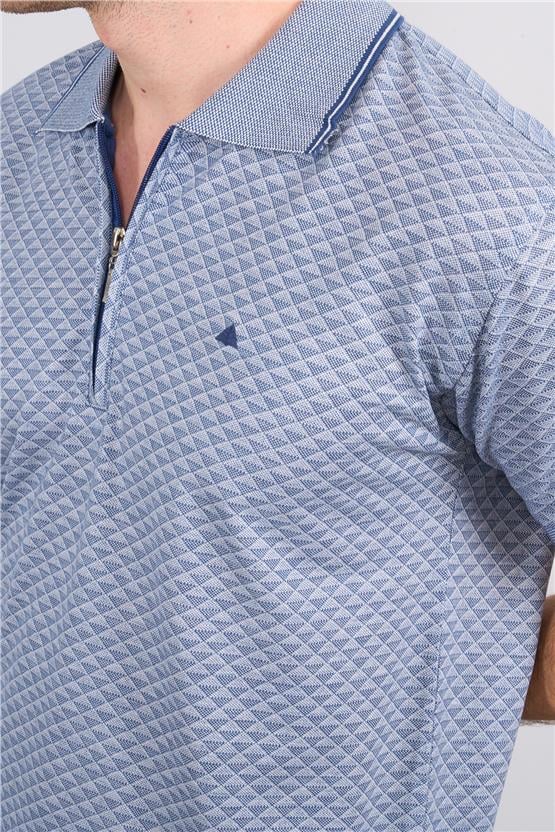 Çetinkaya Mentality 3366 Erkek Fermuarlı Polo Yaka Jakarlı T-Shirt İndigo - Beyaz