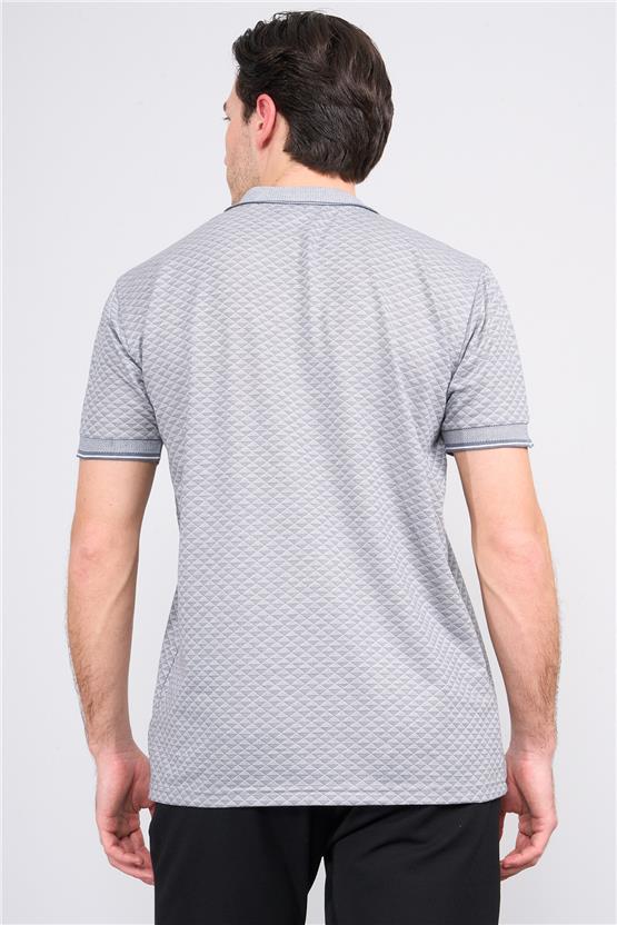 Çetinkaya Mentality 3366 Erkek Fermuarlı Polo Yaka Jakarlı T-Shirt Gri- Beyaz