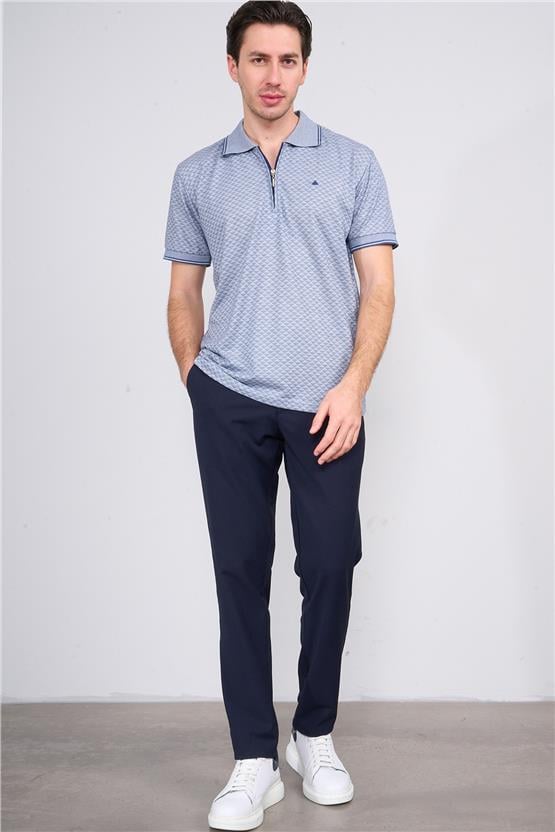 Çetinkaya Mentality 3366 Erkek Fermuarlı Polo Yaka Jakarlı T-Shirt İndigo - Beyaz