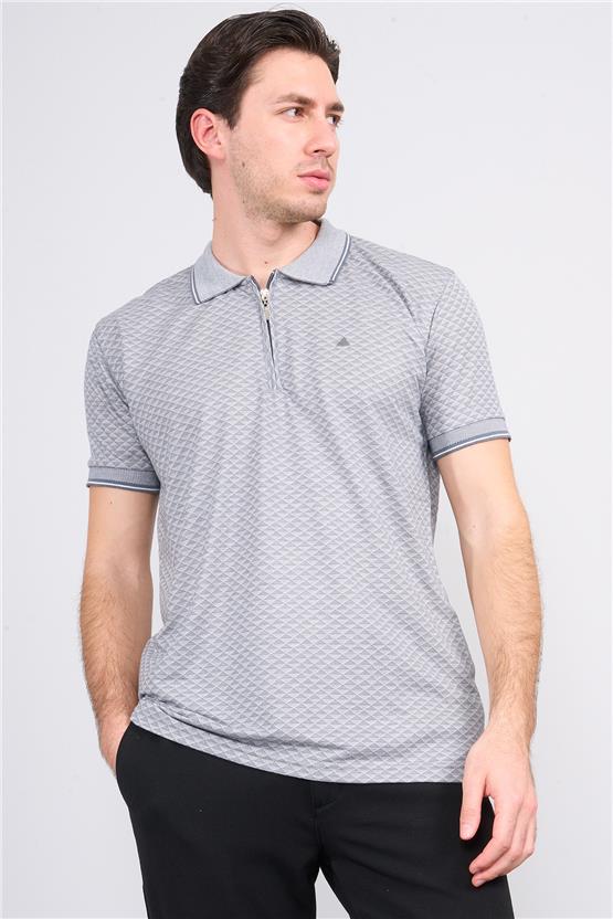 Çetinkaya Mentality 3366 Erkek Fermuarlı Polo Yaka Jakarlı T-Shirt Gri- Beyaz