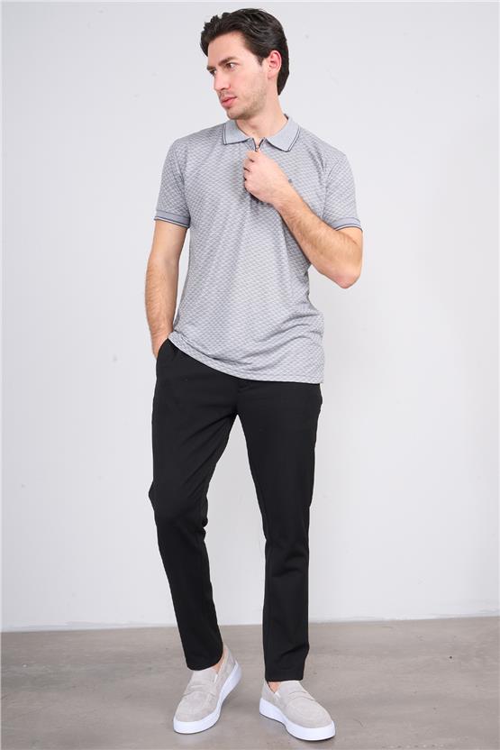 Çetinkaya Mentality 3366 Erkek Fermuarlı Polo Yaka Jakarlı T-Shirt Gri- Beyaz