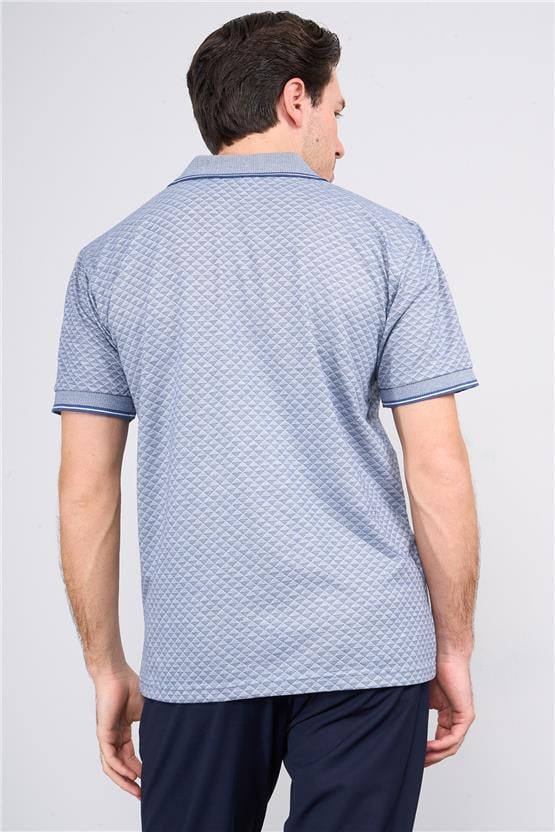 Çetinkaya Mentality 3366 Erkek Fermuarlı Polo Yaka Jakarlı T-Shirt İndigo - Beyaz
