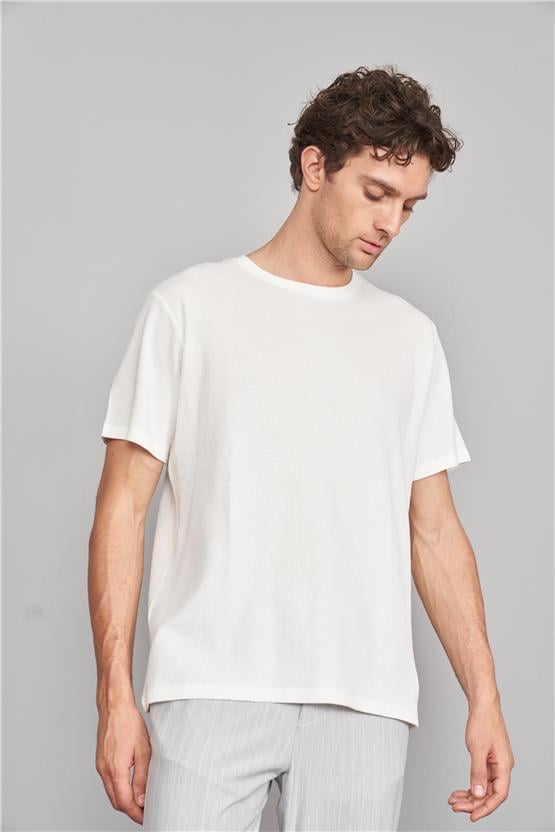 Çetinkaya Mentality 3394 Erkek Bisiklet Yaka Regular Waffle T-Shirt Krem