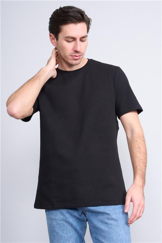 Çetinkaya Mentality 3394 Erkek Bisiklet Yaka Regular Waffle T-Shirt Siyah