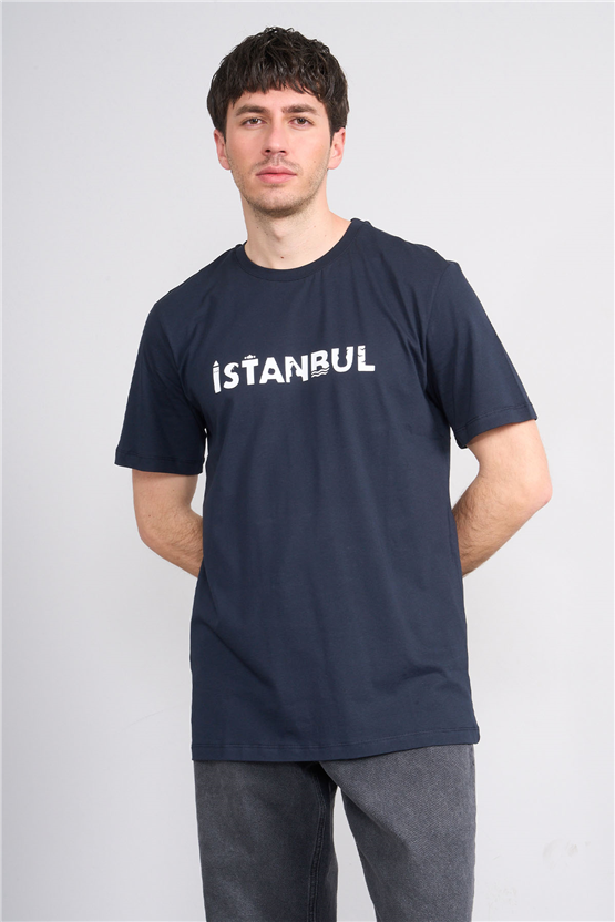 Çetinkaya Mentality 3401 Bisiklet Yaka Regular Baskılı T-shirt Lacivert
