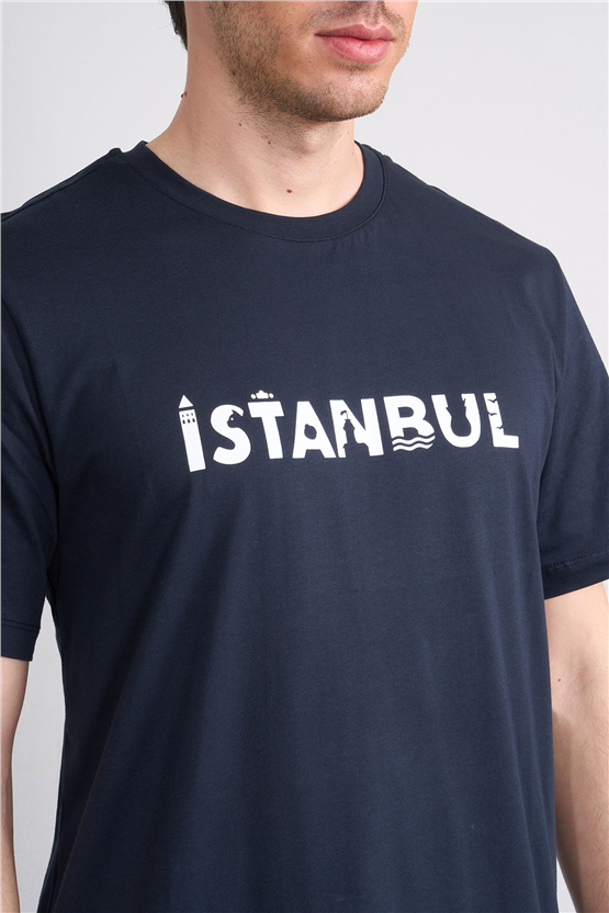 Çetinkaya Mentality 3401 Bisiklet Yaka Regular Baskılı T-shirt Lacivert