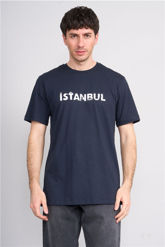 Çetinkaya Mentality 3401 Bisiklet Yaka Regular Baskılı T-shirt Lacivert