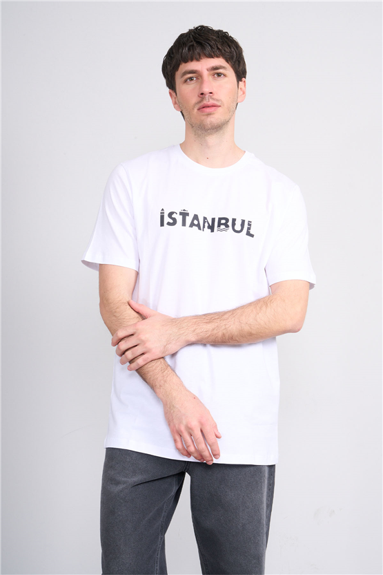 Çetinkaya Mentality 3401 Bisiklet Yaka Regular Baskılı T-shirt Beyaz