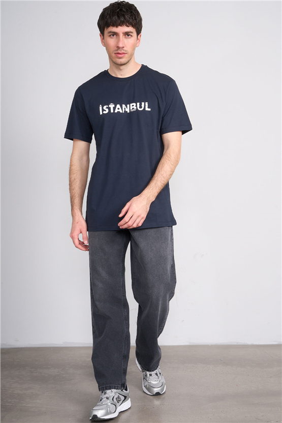 Çetinkaya Mentality 3401 Bisiklet Yaka Regular Baskılı T-shirt Lacivert
