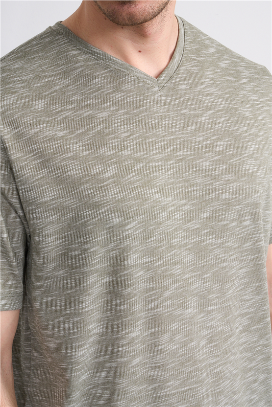 Çetinkaya Mentality 3447 V Yaka Flamlı Sıngle Jersey Regular T-shirt Haki