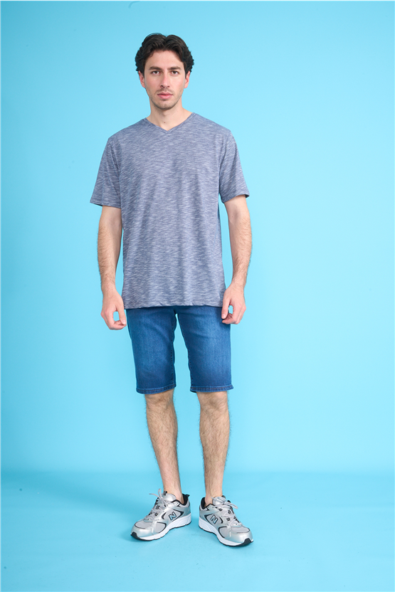 Çetinkaya Mentality 3447 V Yaka Flamlı Sıngle Jersey Regular T-shirt Lacivert