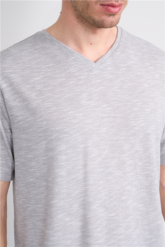 Çetinkaya Mentality 3447 V Yaka Flamlı Sıngle Jersey Regular T-shirt Gri