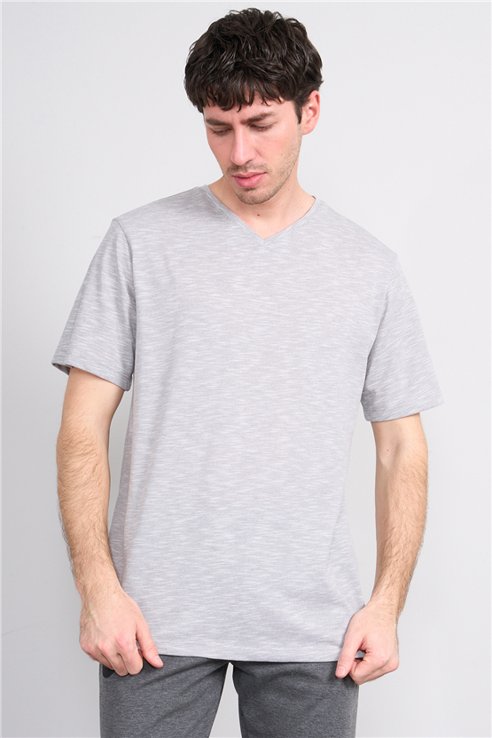 Çetinkaya Mentality 3447 V Yaka Flamlı Sıngle Jersey Regular T-shirt Gri