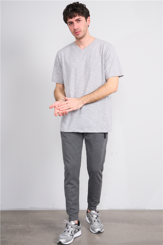 Çetinkaya Mentality 3447 V Yaka Flamlı Sıngle Jersey Regular T-shirt Gri