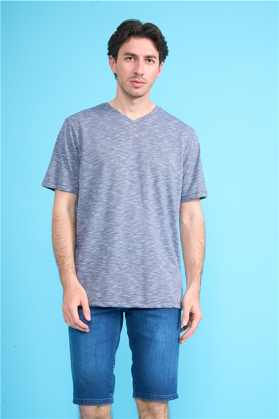 Çetinkaya Mentality 3447 V Yaka Flamlı Sıngle Jersey Regular T-shirt Lacivert