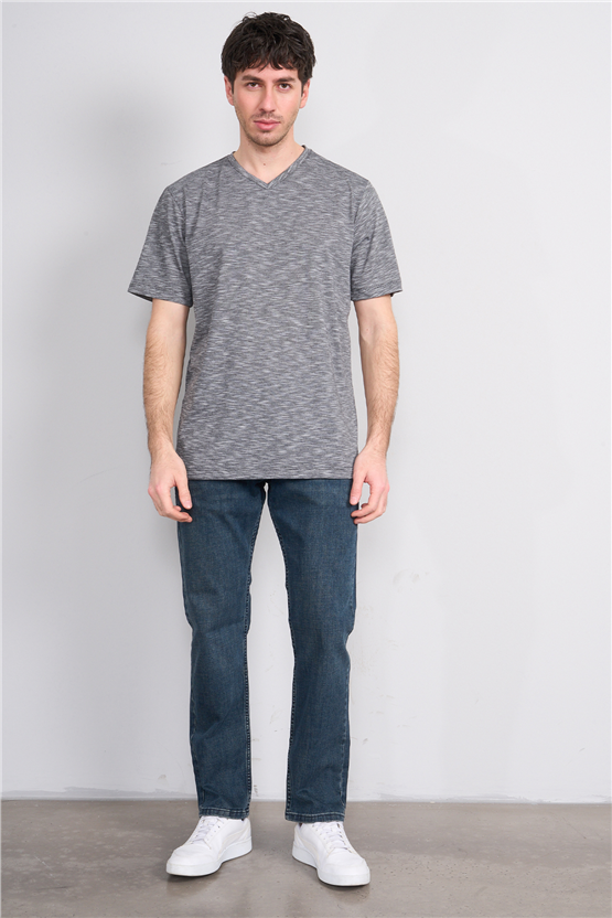 Çetinkaya Mentality 3447 V Yaka Flamlı Sıngle Jersey Regular T-shirt Siyah