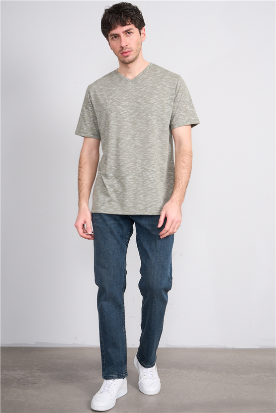 Çetinkaya Mentality 3447 V Yaka Flamlı Sıngle Jersey Regular T-shirt Haki